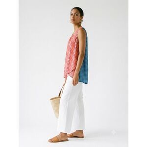 TOLANI Two-Tone Silk Floral Blouse | Coral Red & Blue | Size Large